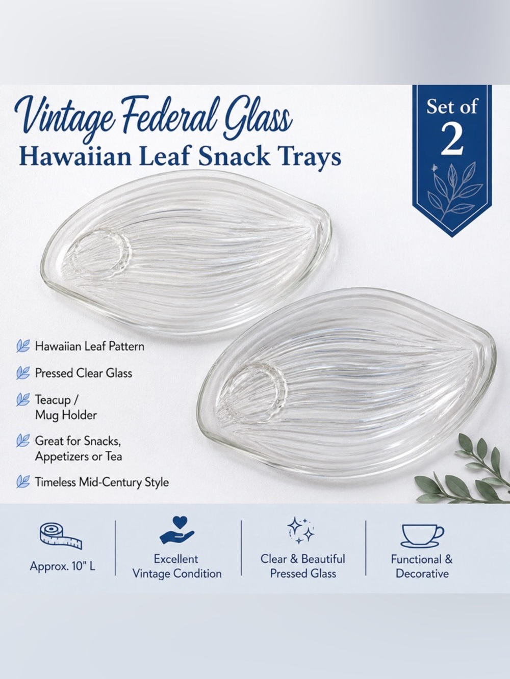 🔍Vintage Federal Glass Hawaiian Leaf Snack Plates Set of 2 Clear Glass Trays